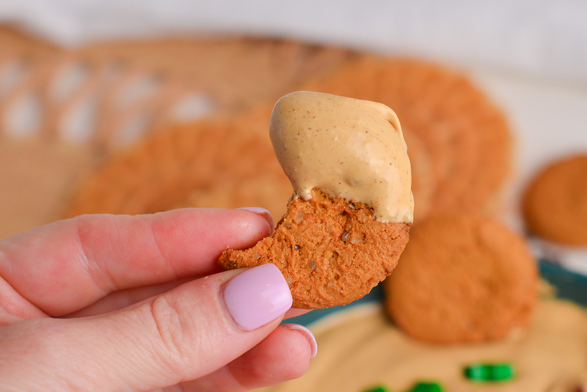 hand holding gingersnap cookie with gingerbread cake dip on it