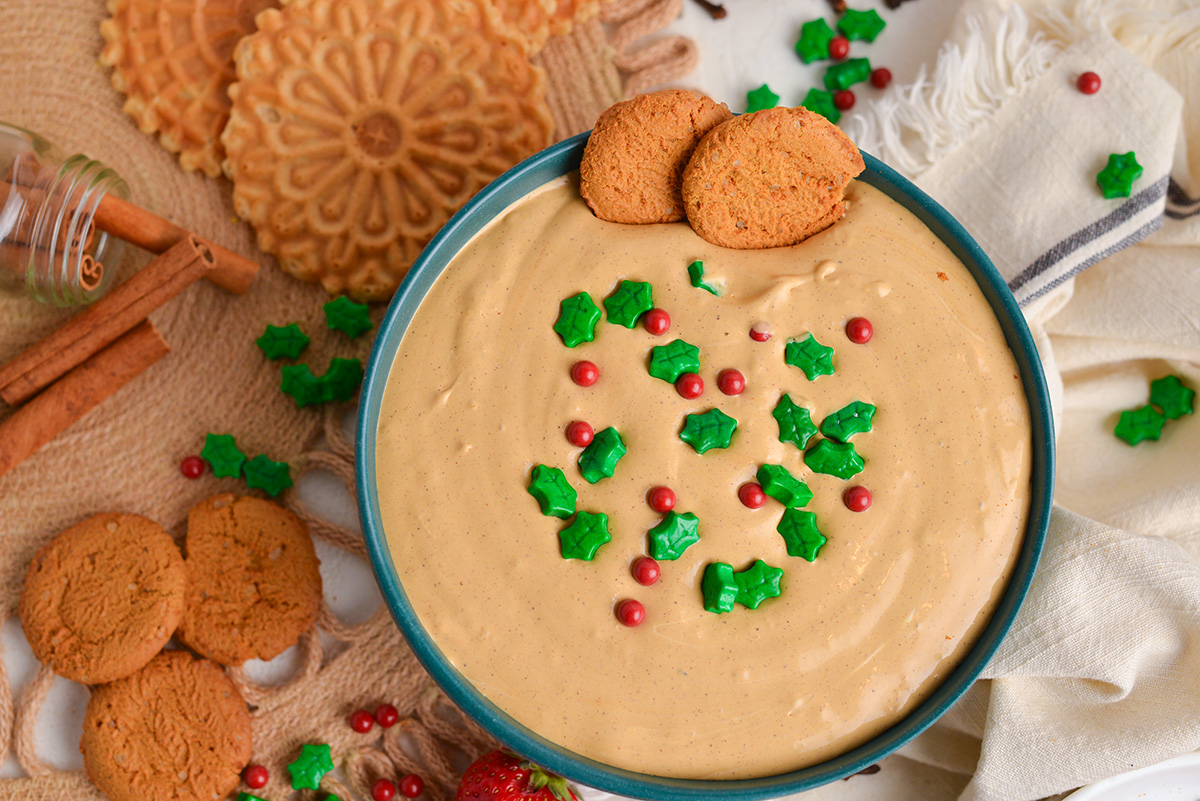 overhead shot of gingerbread dessert dip in bowl