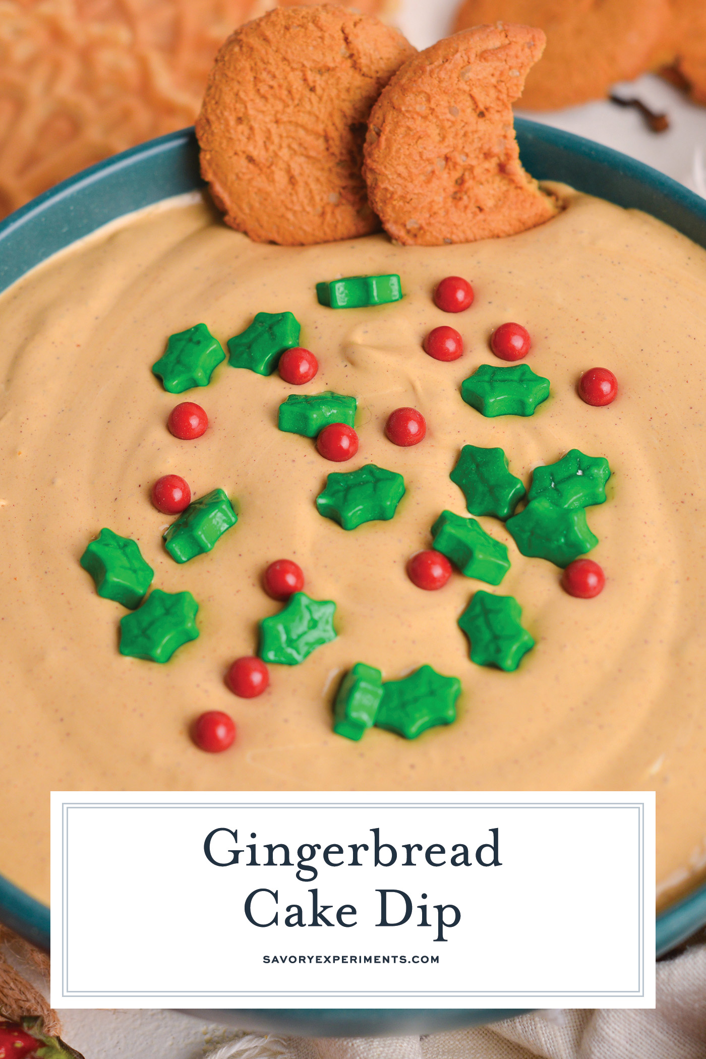 close up angled shot of bowl of gingerbread dip with text overlay