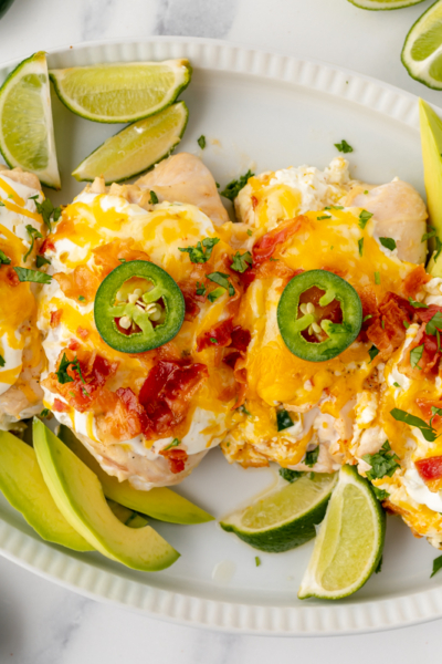 overhead shot of platter of jalapeno popper chicken