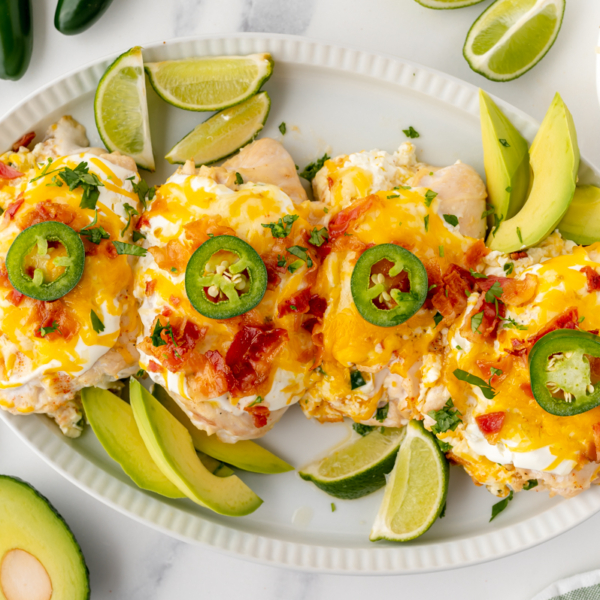 overhead shot of platter of jalapeno popper chicken