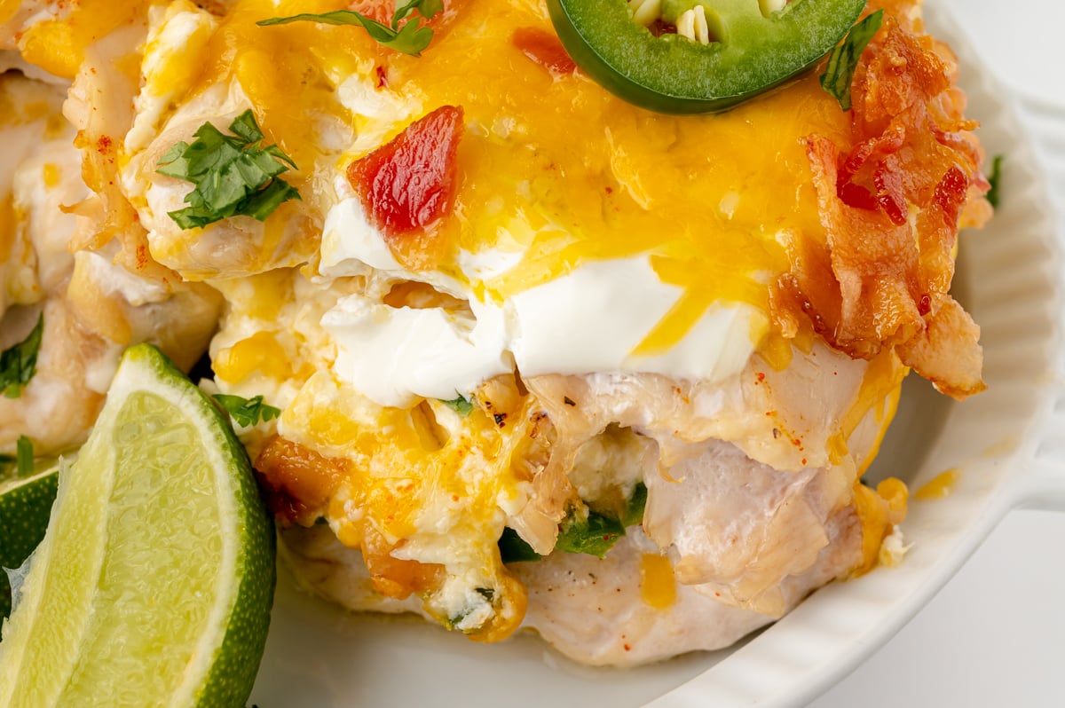 close up overhead shot of jalapeno popper chicken