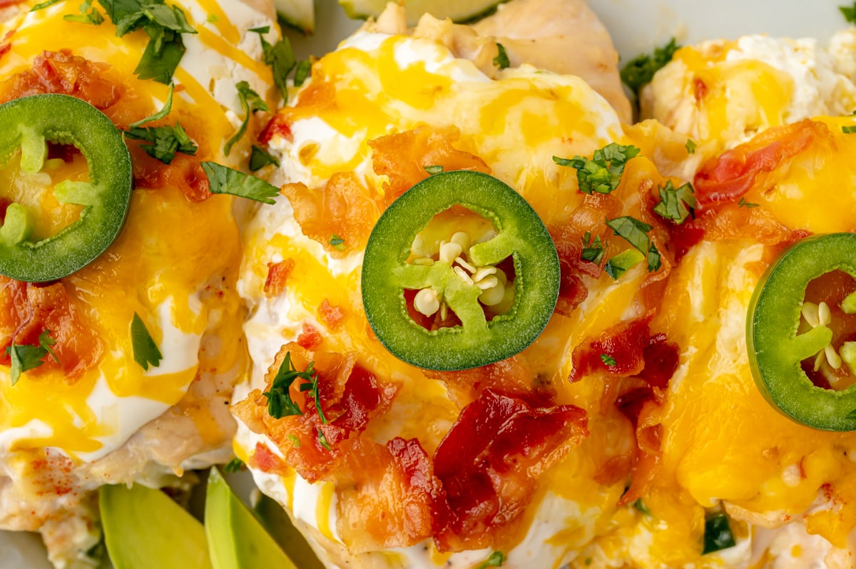 close up overhead shot of jalapeno popper chicken breasts