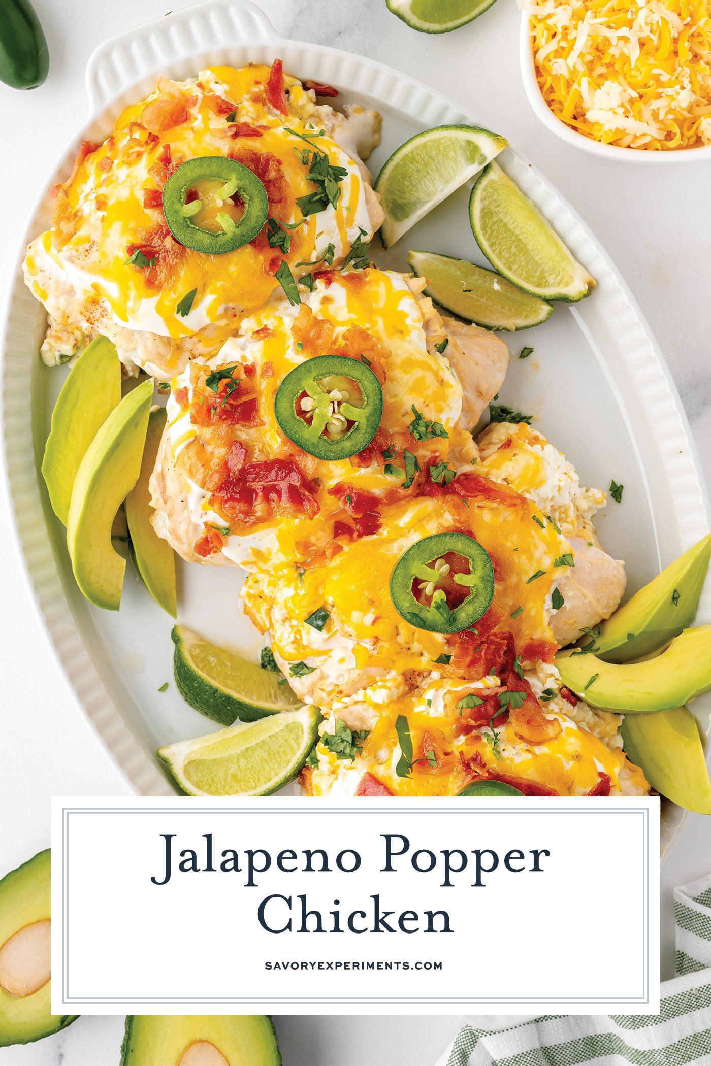 overhead shot of platter of jalapeno popper chicken with text overlay