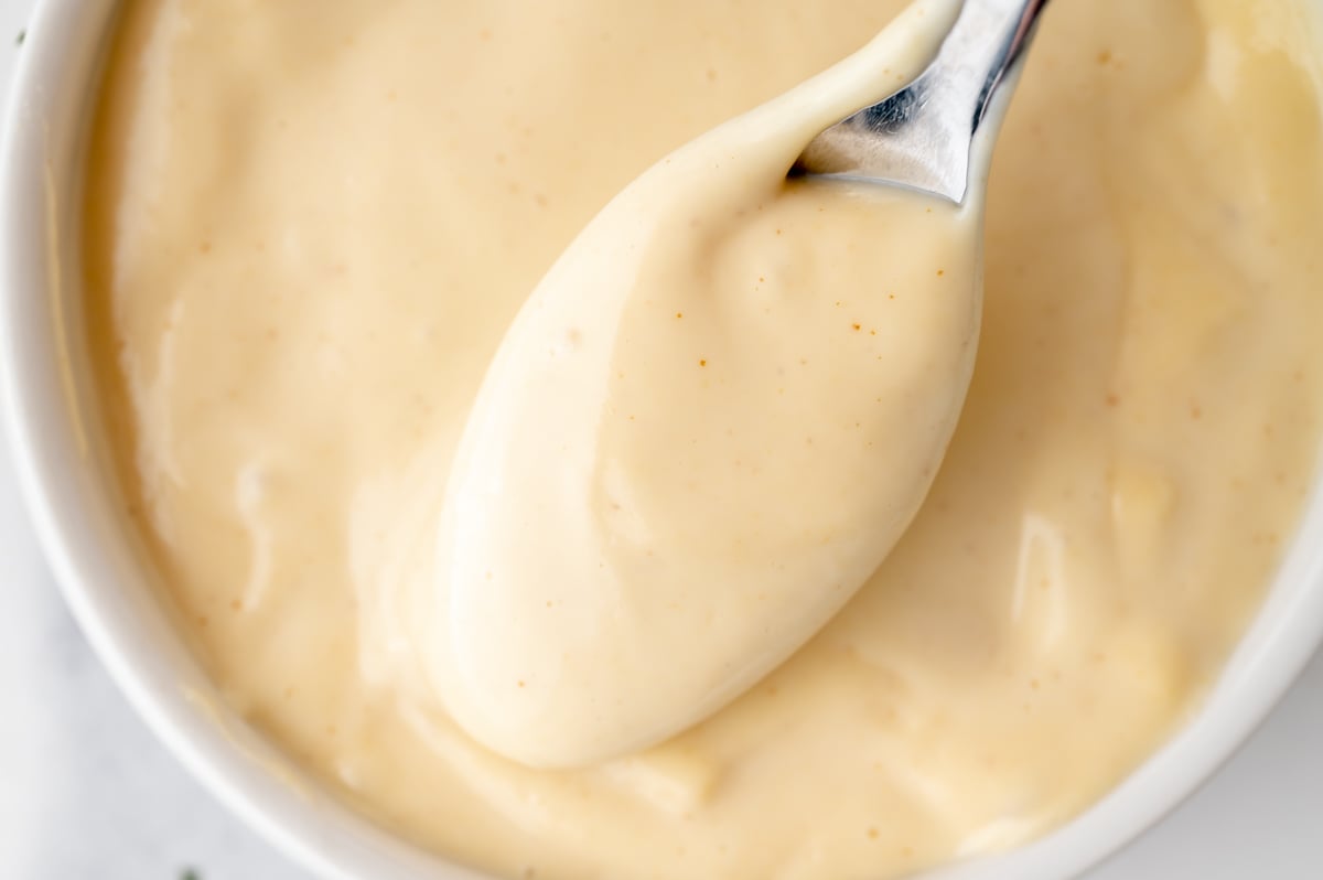 close up shot of spoon in bowl of mustard aioli