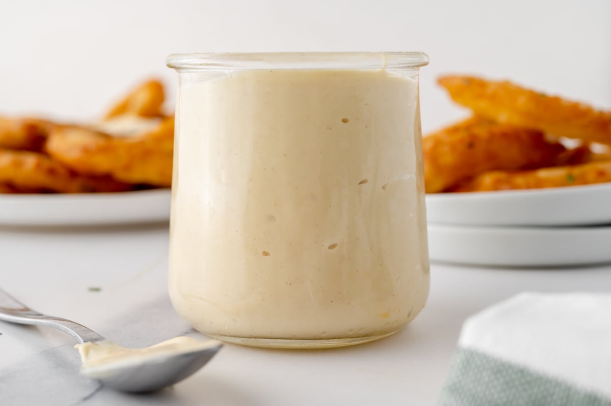 straight on shot of jar of dijon aioli