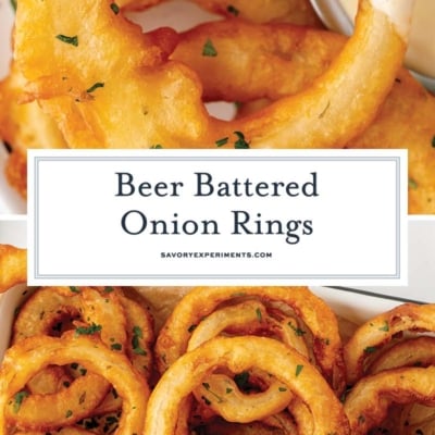 collage of beer battered onion rings