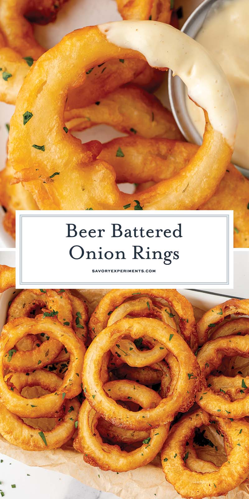 collage of beer battered onion rings