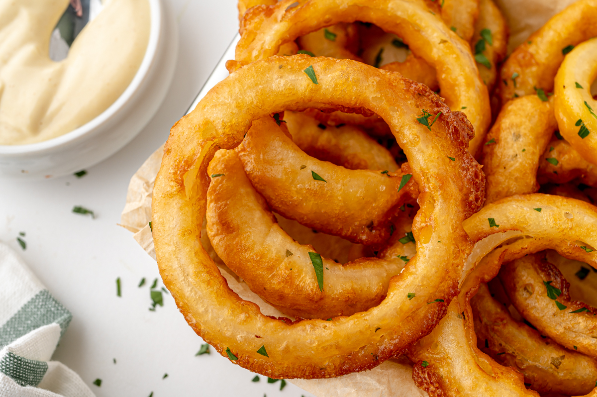 close up overhead shot of onion rings