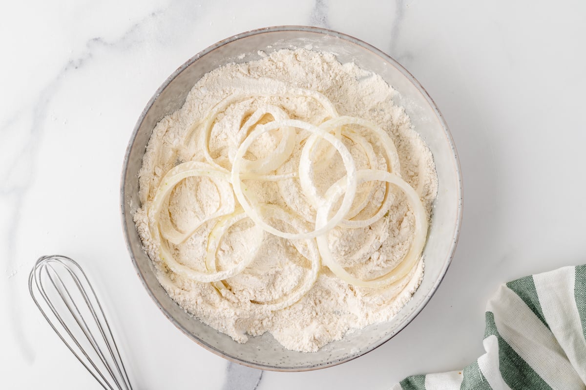 onion slices coated in bowl of seasonings