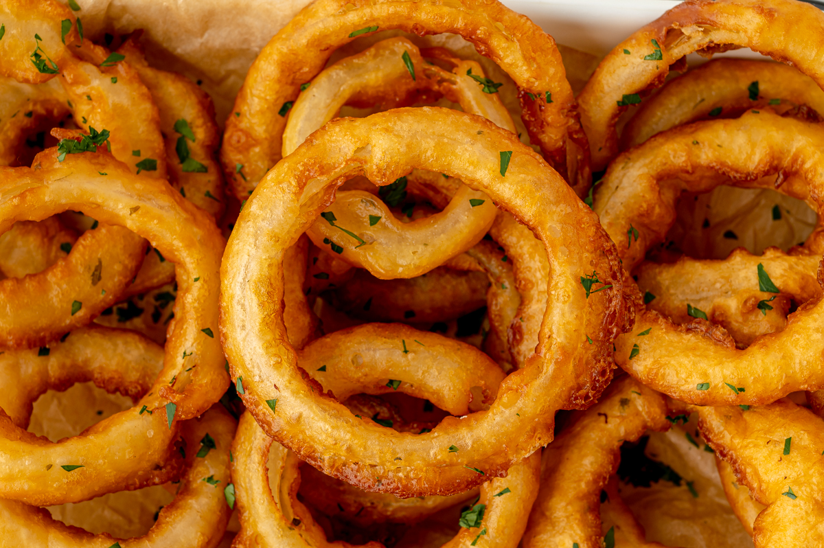 overhead shot of pile of onion rings