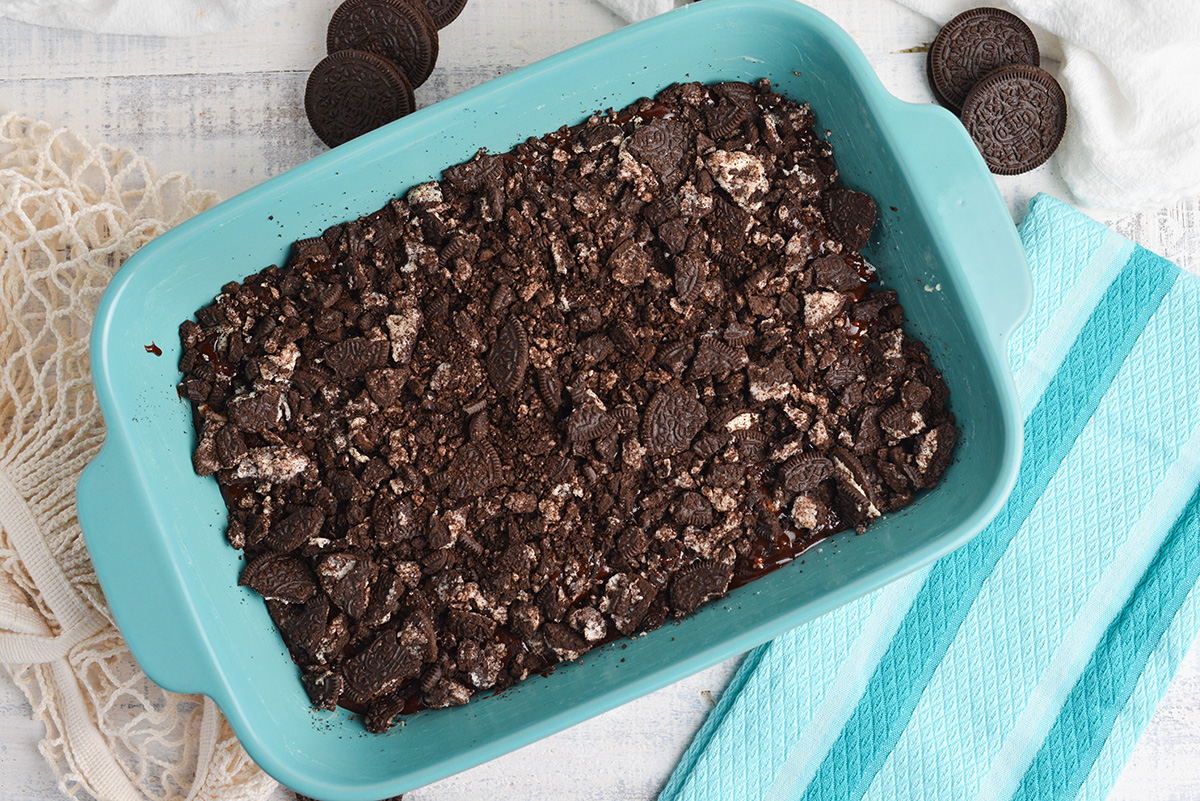 overhead shot of pan of oreo brownies