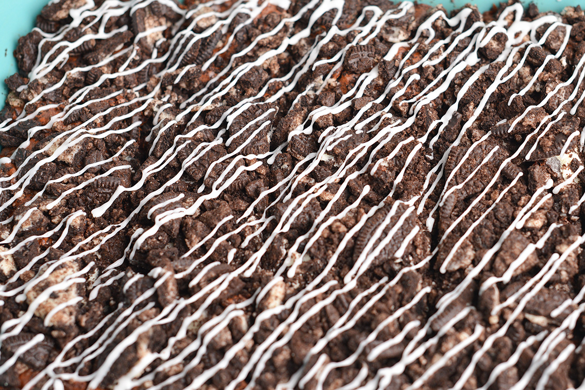 close up shot of pan of oreo brownies