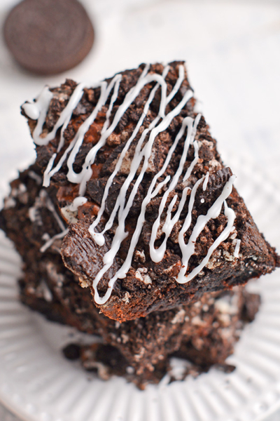 overhead shot of stack of oreo brownies