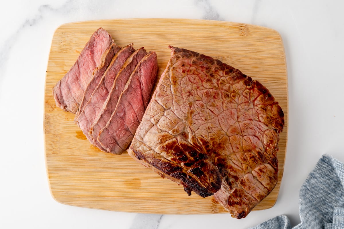 overhead shot of sliced steak on cutting board