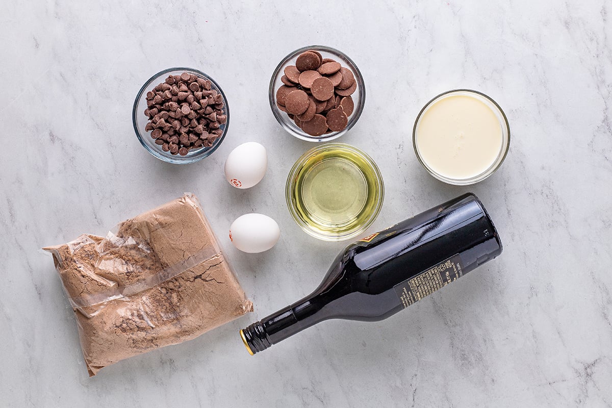 overhead shot of bailey's brownies ingredients