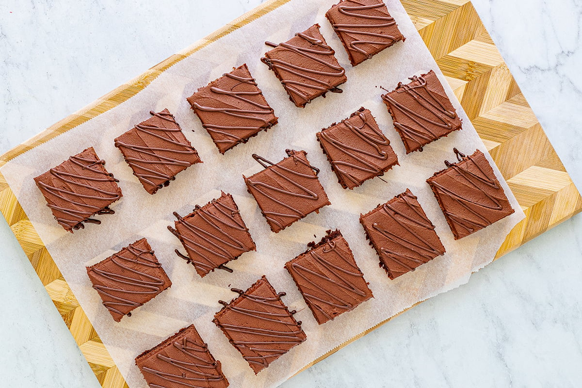 overhead shot of cut bailey's brownies on parchment paper