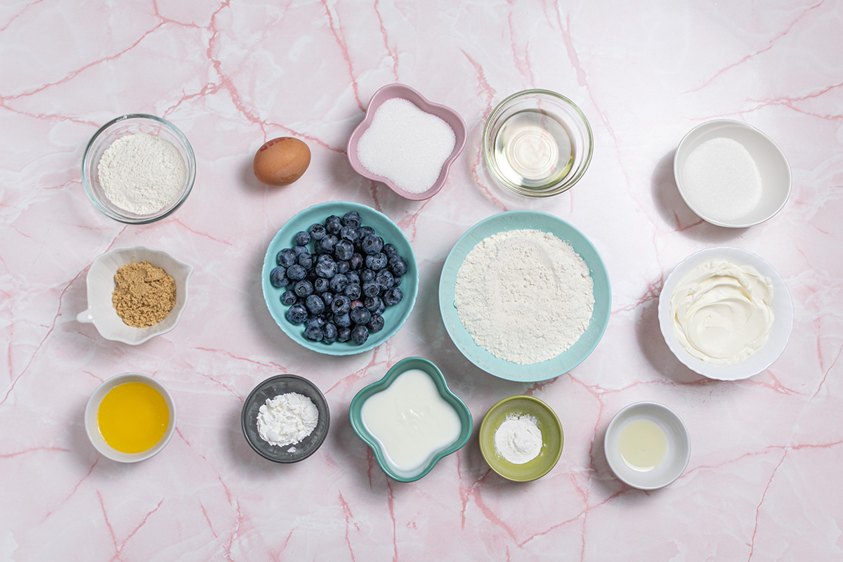 overhead shot of blueberry cream cheese muffin ingredients