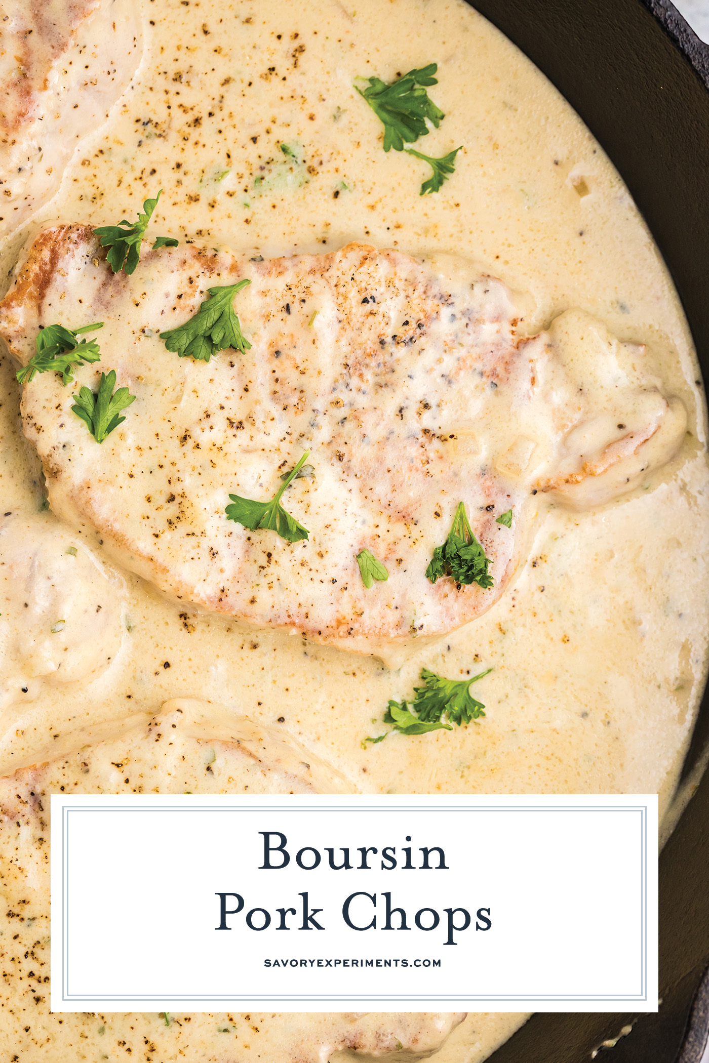 close up overhead shot of boursin pork chops in pan with text overlay