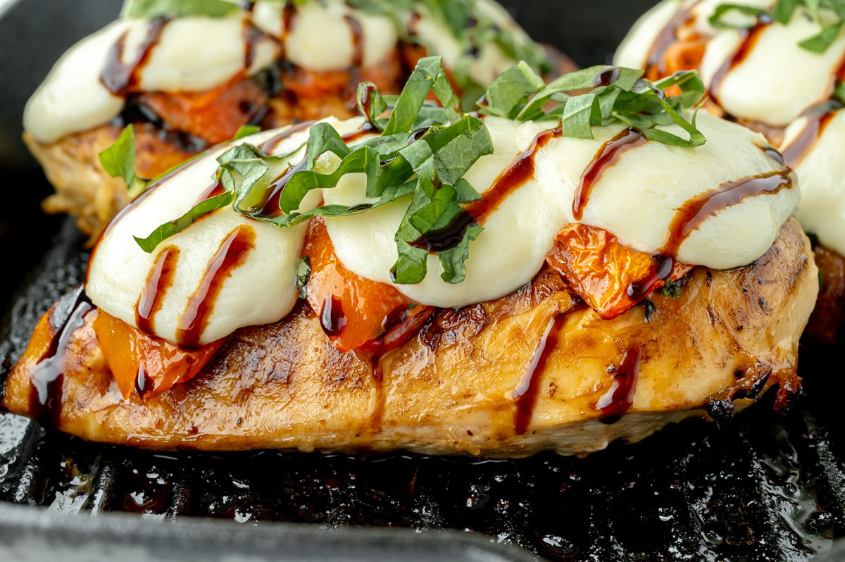 close up side shot of caprese chicken