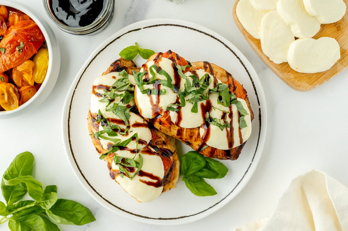 overhead shot of plate of caprese chicken