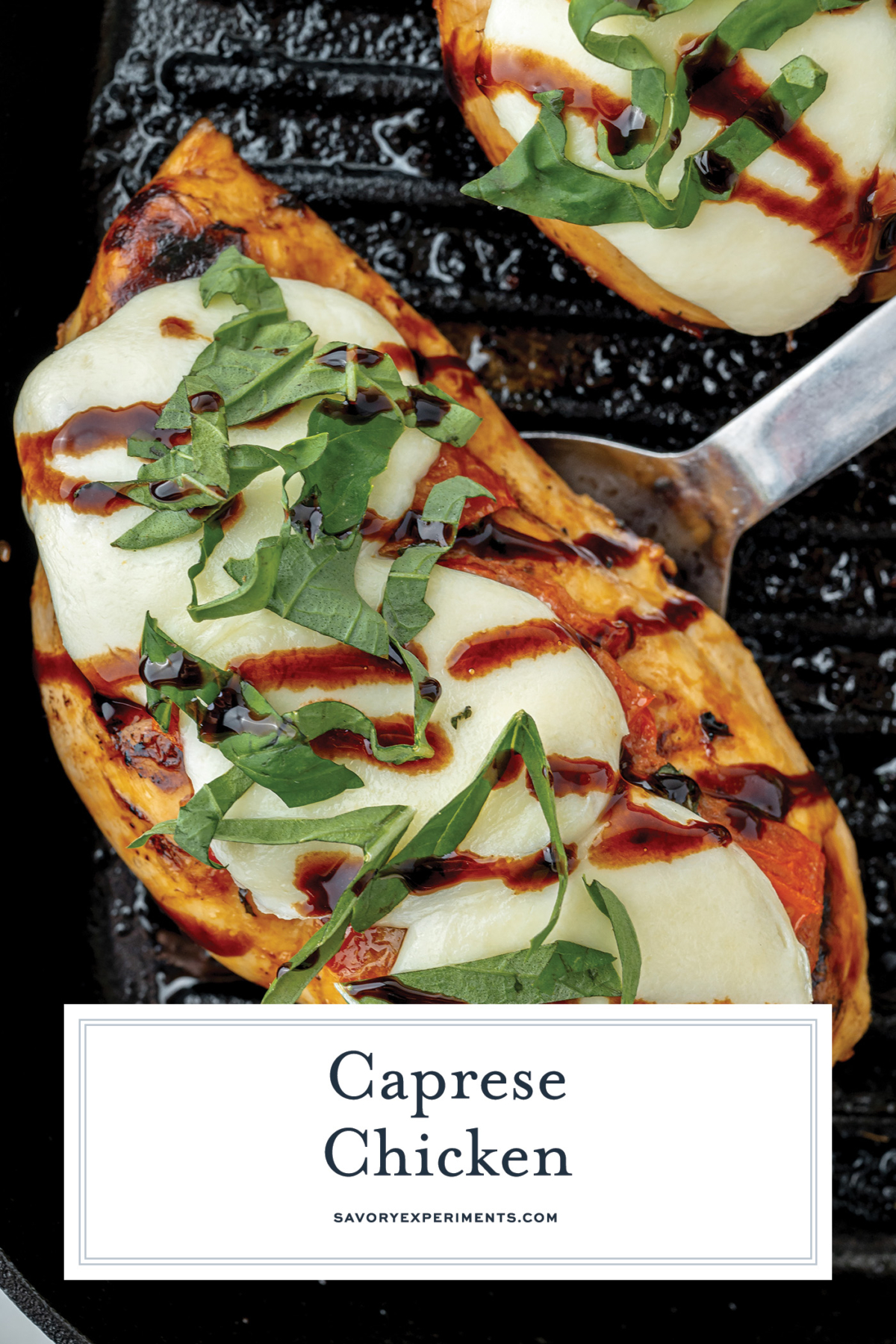 close up overhead shot of caprese chicken on grill