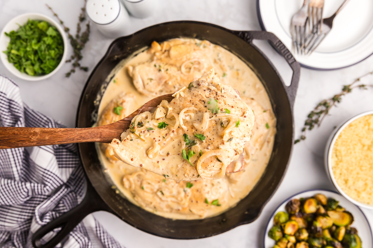 overhead shot of chicken dijon on spatula