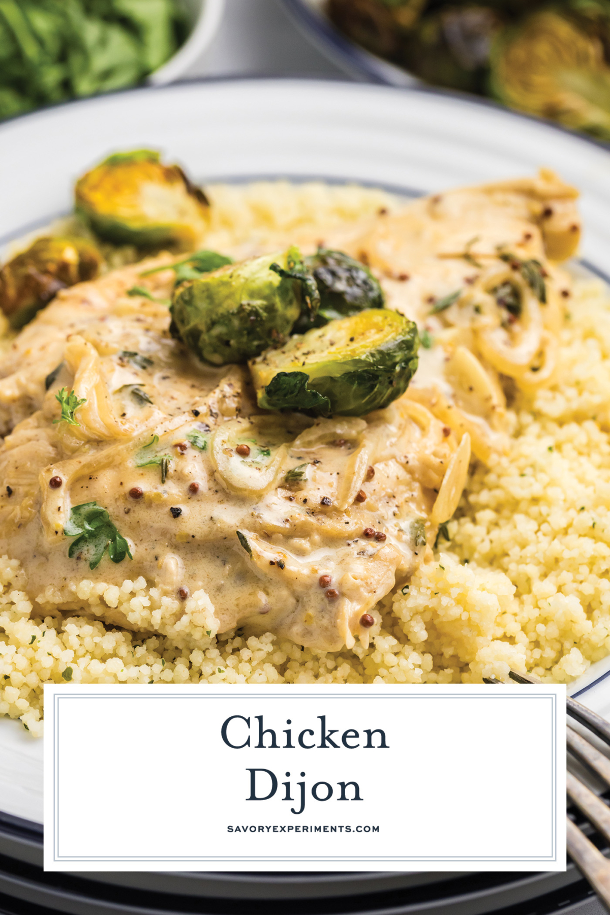 angled shot of plate of chicken dijon with text overlay