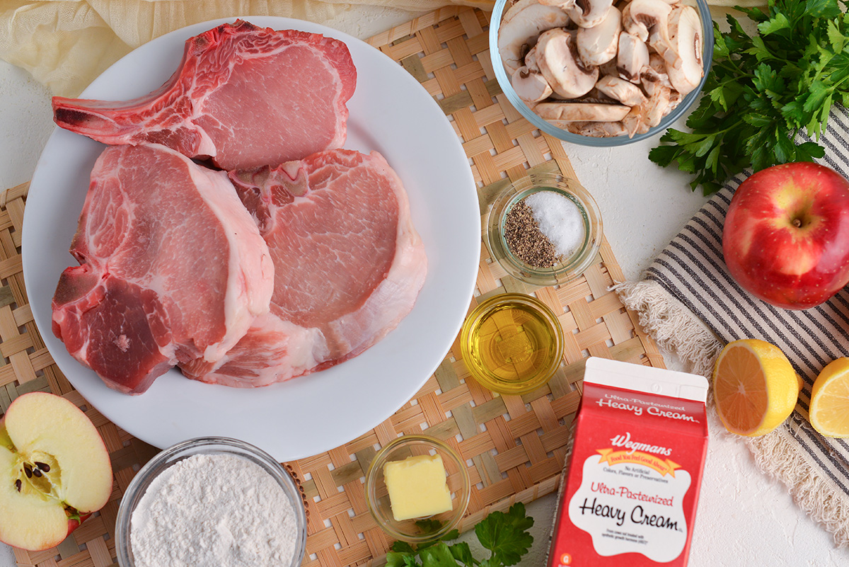 overhead shot of creamy apple pork chops ingredients