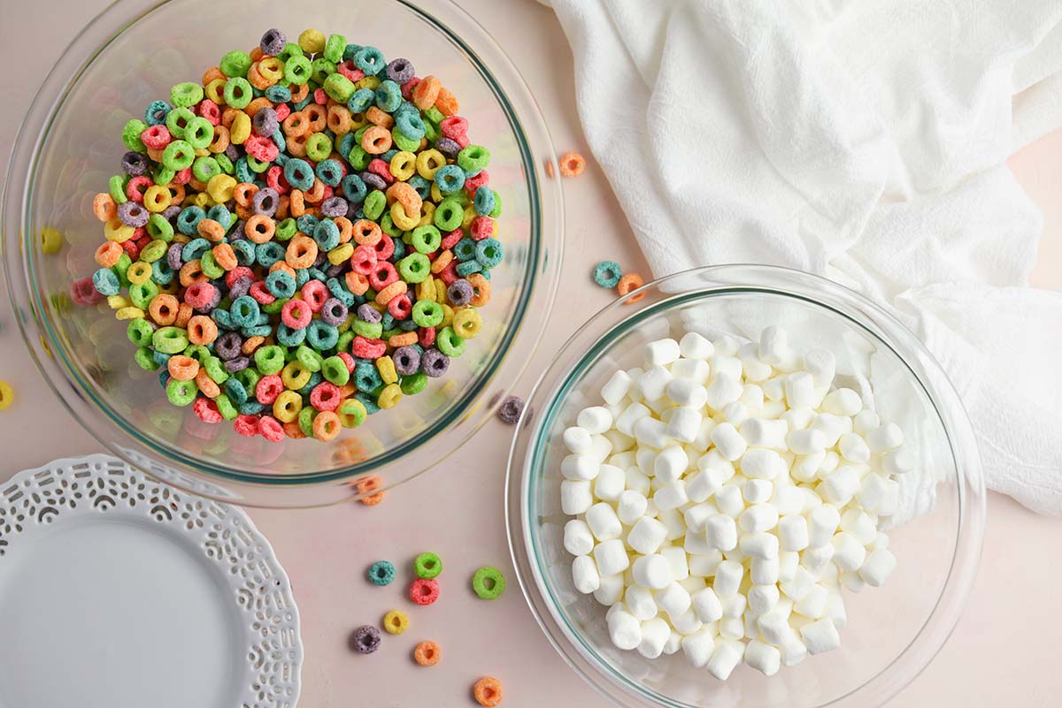 overhead shot of fruit loop cereal bars ingredients