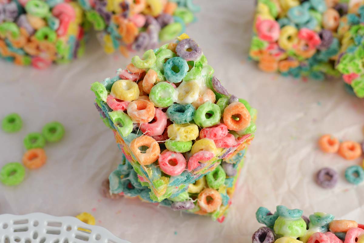 overhead shot of stack of fruit loop cereal bars