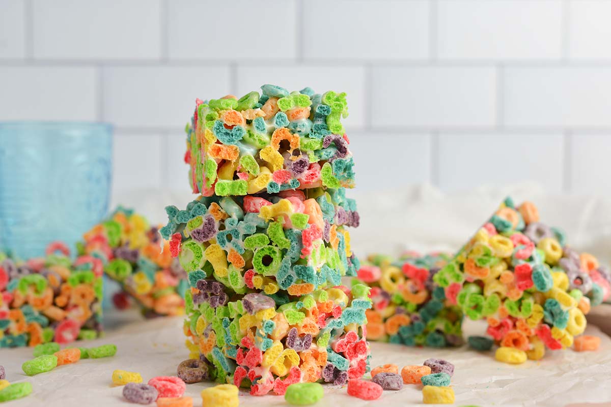 straight on shot of stack of fruit loop cereal bars