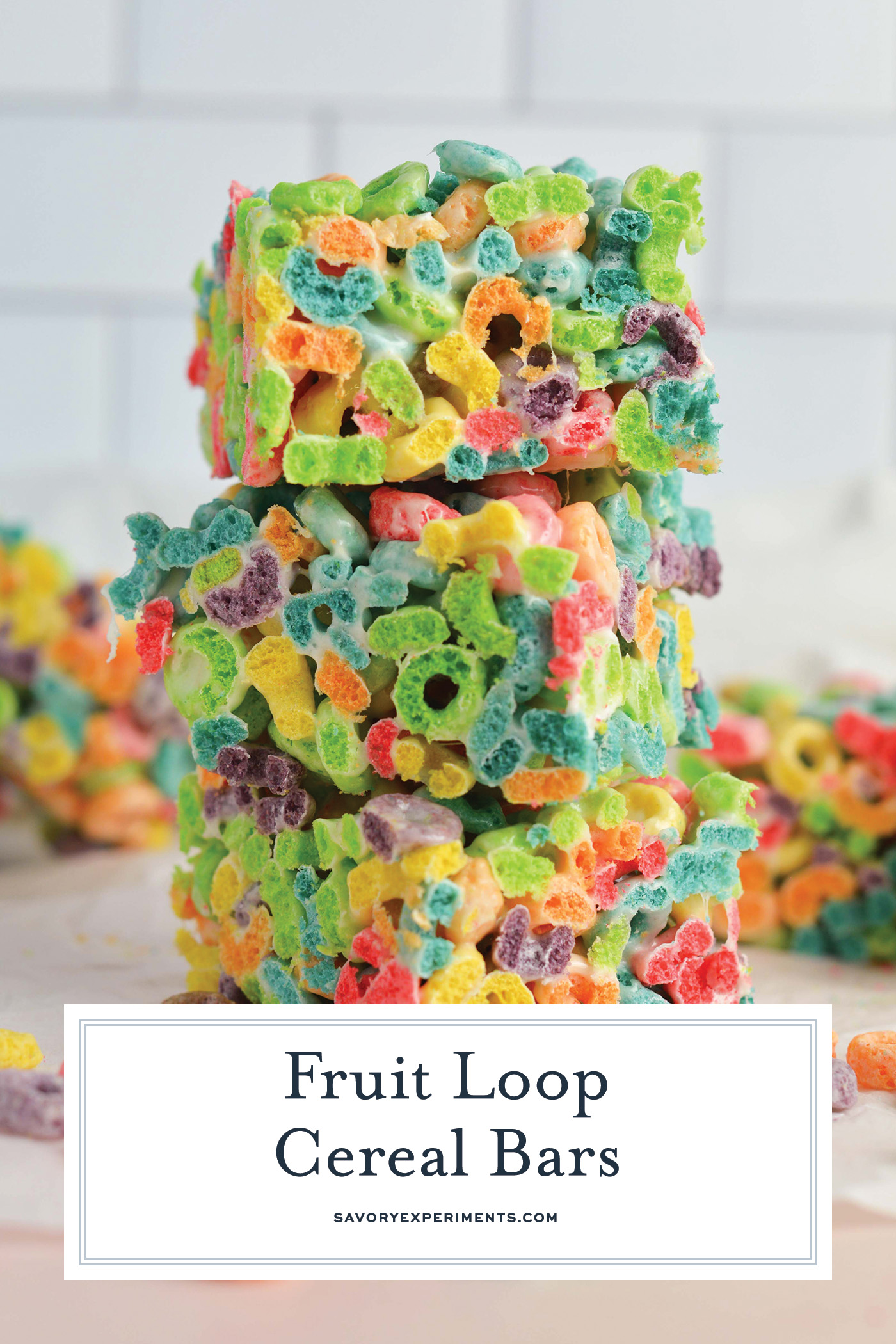 straight on shot of stack of fruit loop cereal bars with text overlay