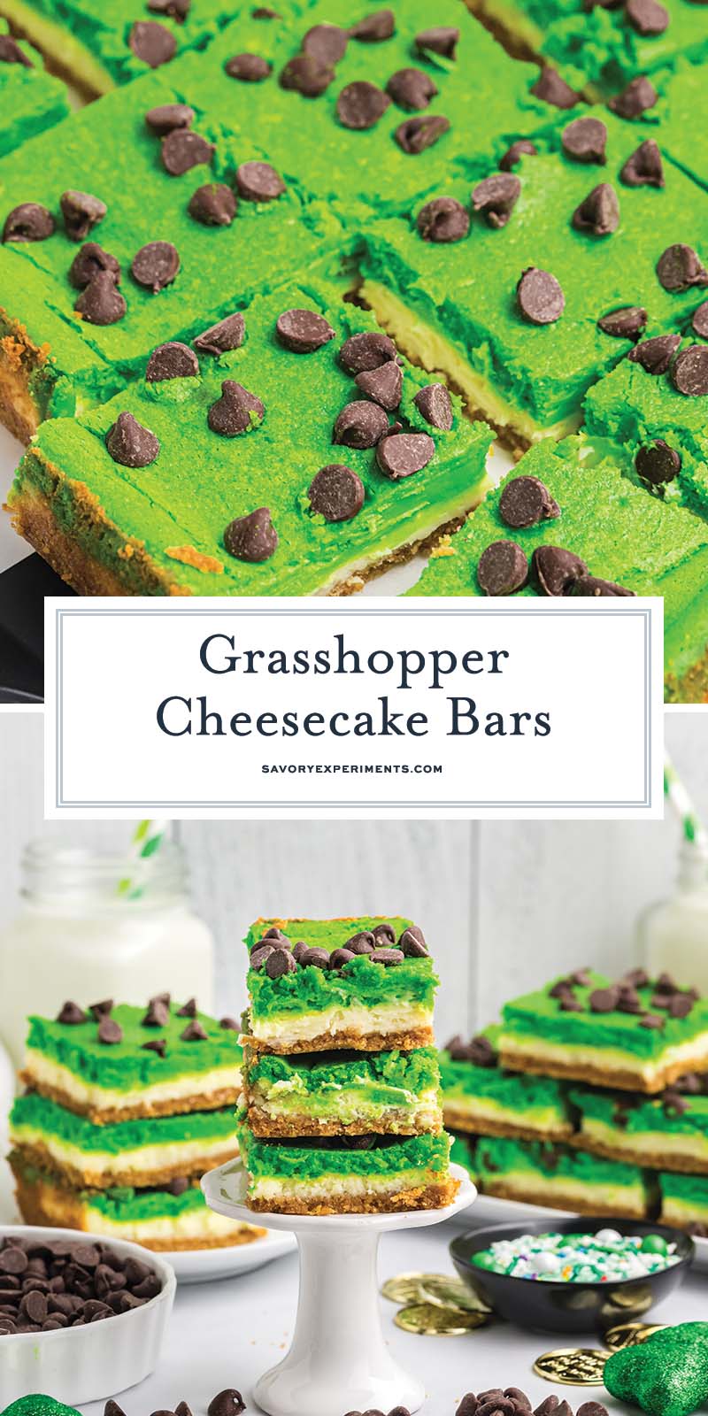 collage of grasshopper cheesecake bars