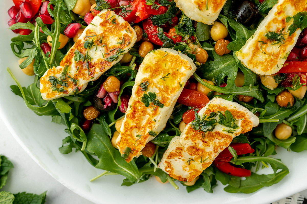 close up overhead shot of fried halloumi salad