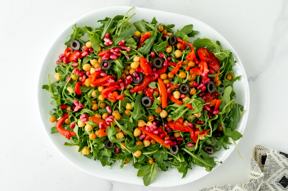 overhead shot of platter with salad