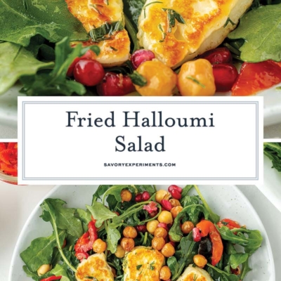 collage of fried halloumi salad