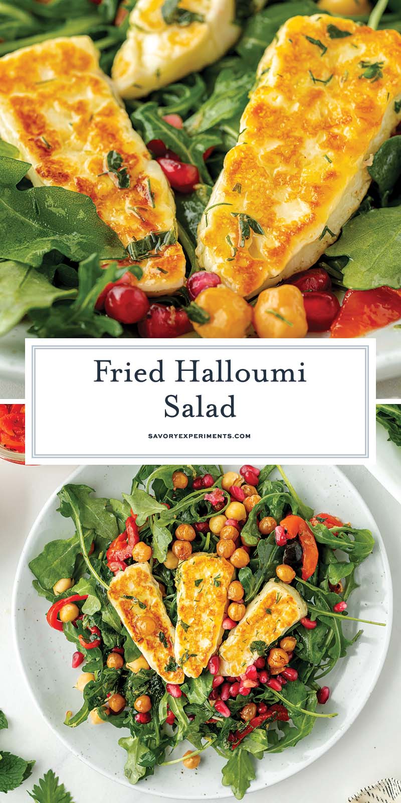 collage of fried halloumi salad