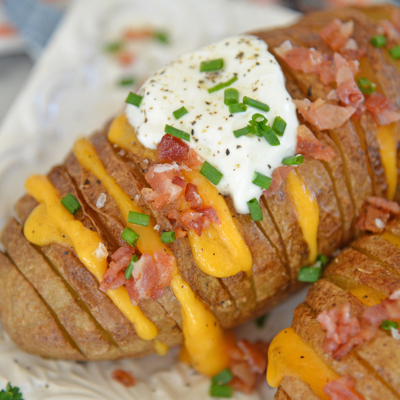 close up angled shot of hasselback potatoes