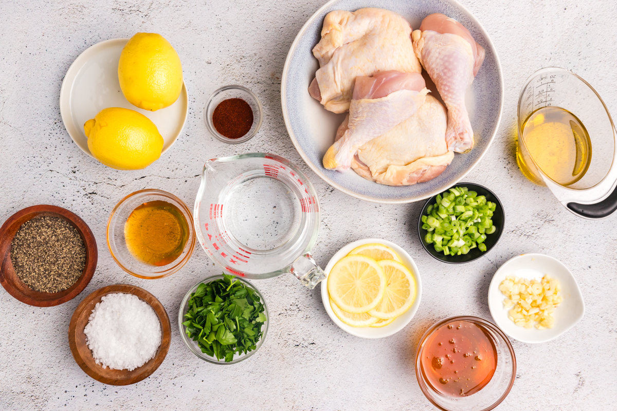 overhead shot of honey lemon garlic chicken ingredients