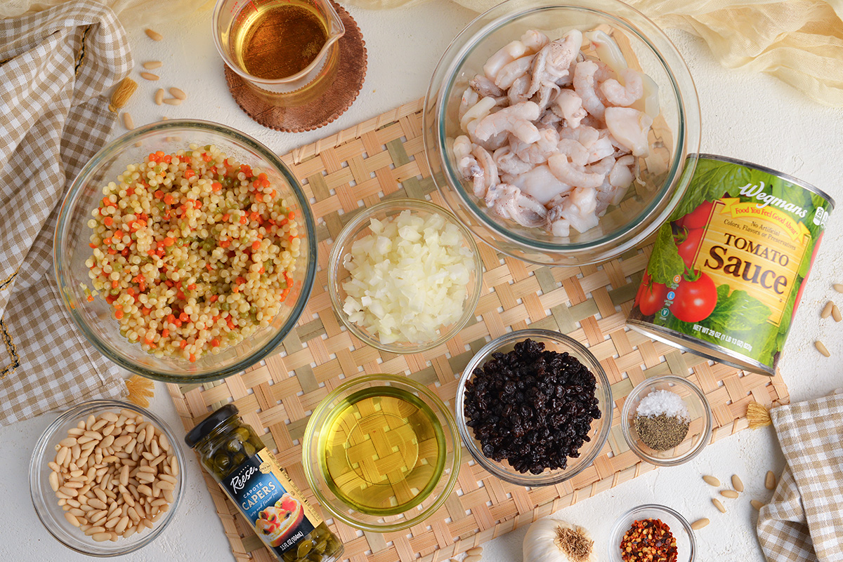 overhead shot of cioppino ingredients