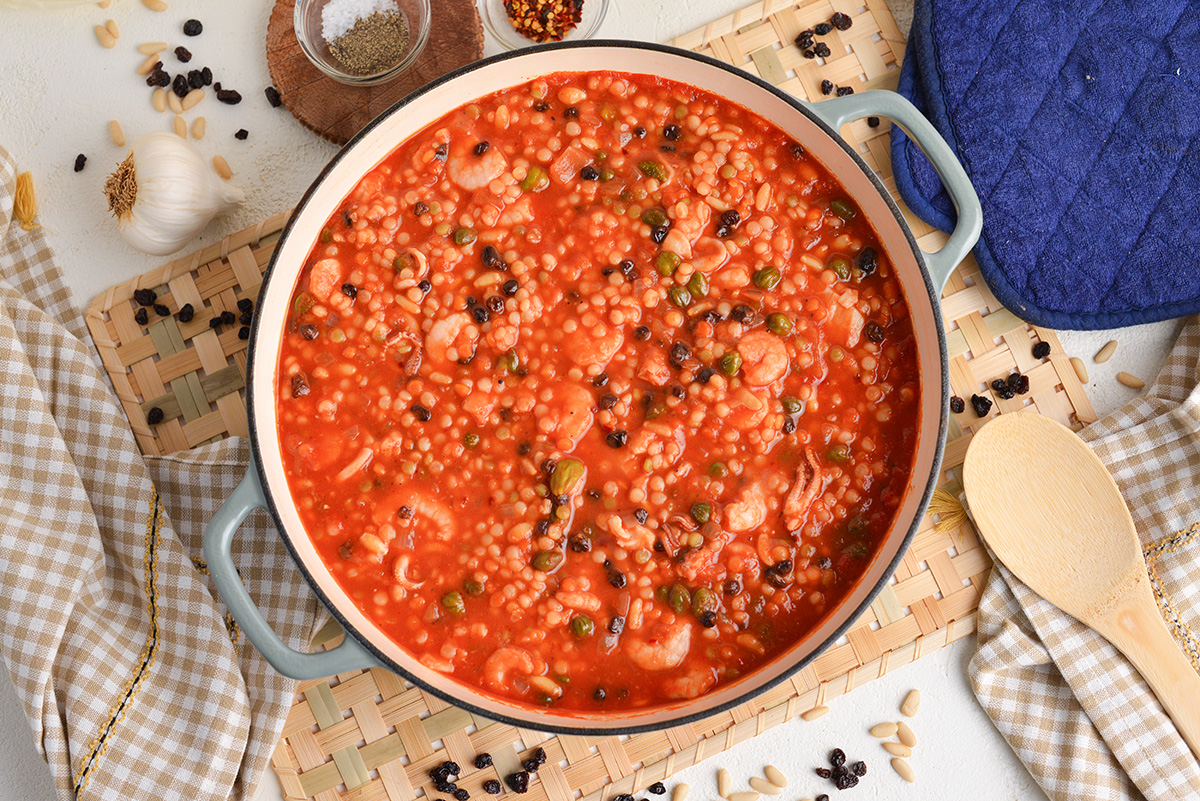 overhead shot of pot of italian seafood stew