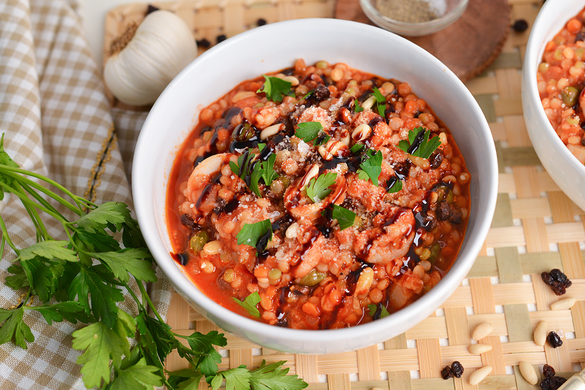 angled shot of bowl of cioppino