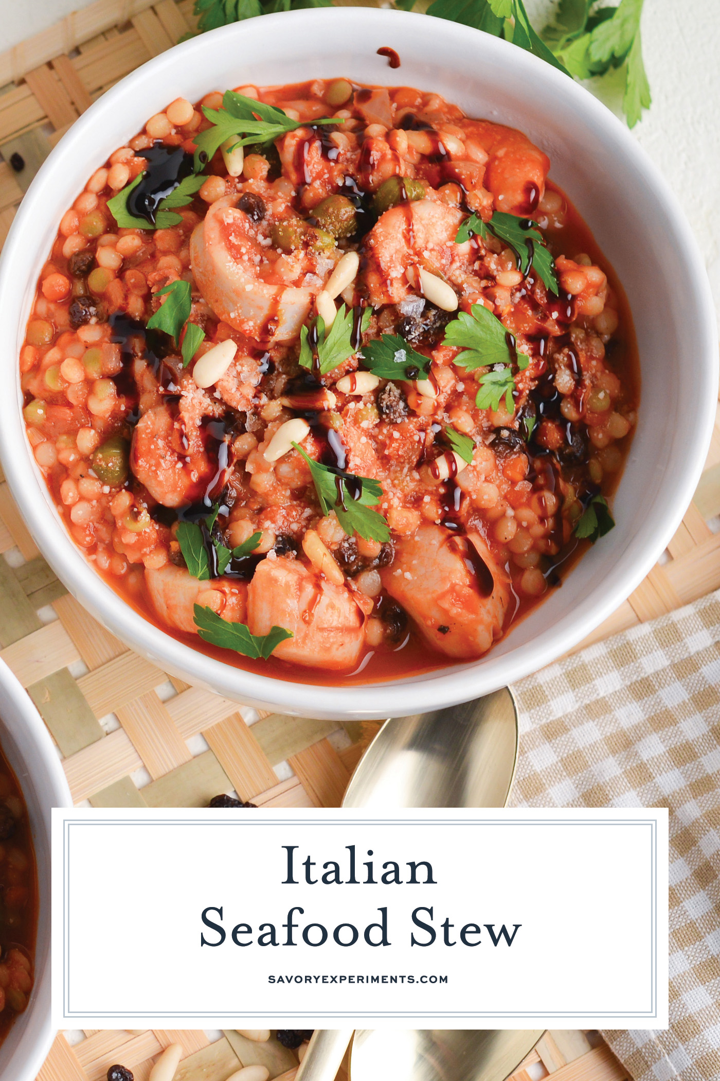 overhead shot of bowl of italian seafood stew with text overlay