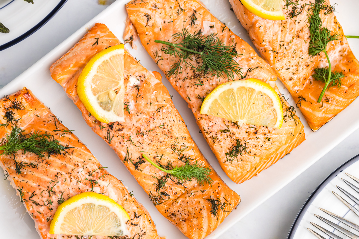 overhead shot of lemon dill salmon on serving tray