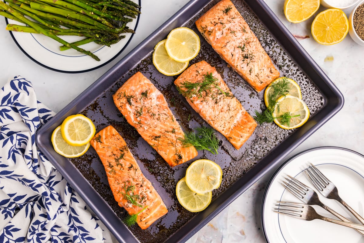 overhead shot of sheet pan of lemon dill salmon