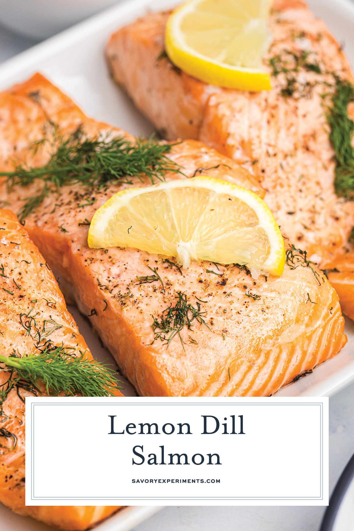 angled shot of lemon dill salmon with text overlay