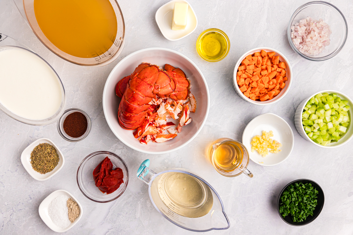 overhead shot of lobster bisque ingredients