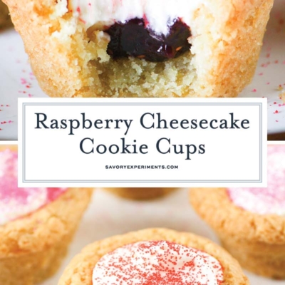 collage of raspberry cheesecake cookie cups