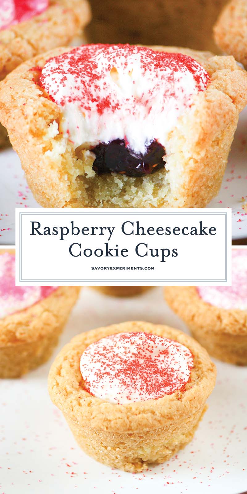 collage of raspberry cheesecake cookie cups